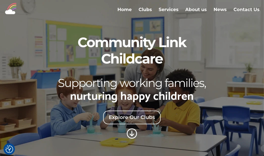 A screenshot of the Community Link Childcare homepage. The hero image shows three children at a table playing with blue slime, overseen by a smiling adult. The headline reads 'Community Link Childcare — Supporting working families, nurturing happy children'.