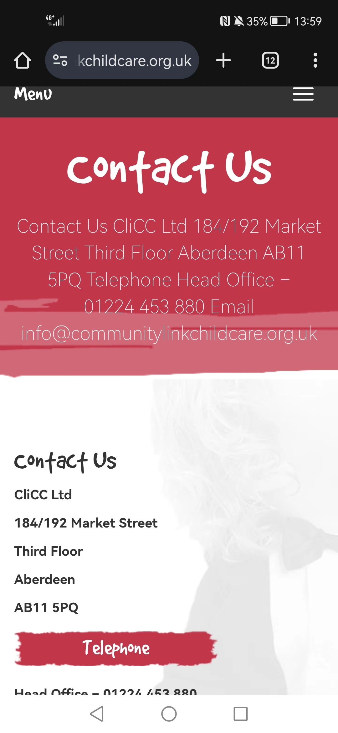 Mobile version of contact us page for clicc