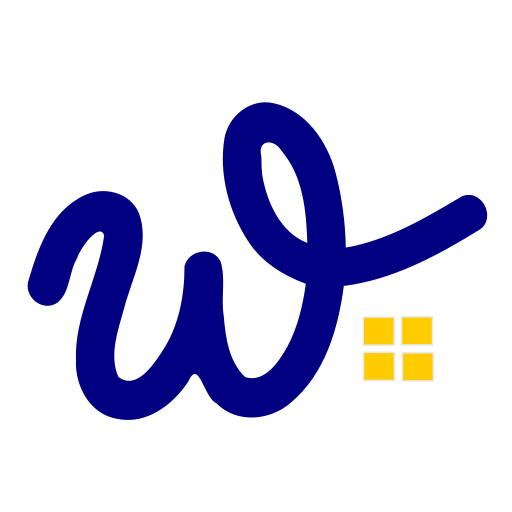 A navy blue, hand-drawn cursive letter W logo next to four small yellow squares arranged in a pixel grid